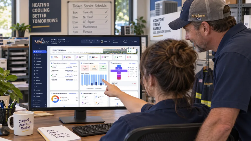 An HVAC office manager and owner reviewing the MissJane ServiceOS admin dashboard