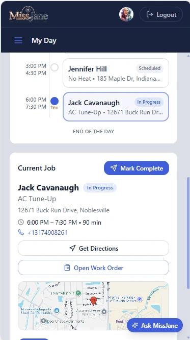 The MissJane technician My Day screen showing the current job, directions, and work order