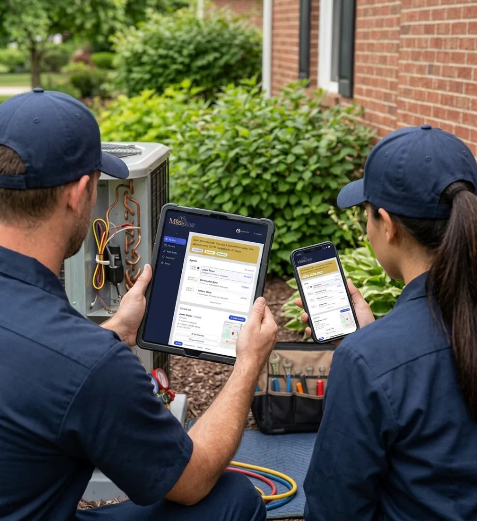 Two HVAC technicians beside an outdoor condenser reviewing MissJane on a tablet and phone